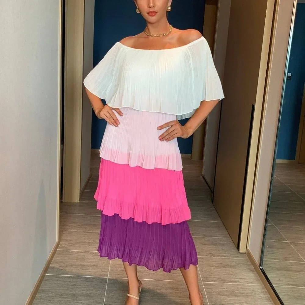 Chiffon layered Pleated Flounce off shoulder Maxi Dress - Picture 2 of 5